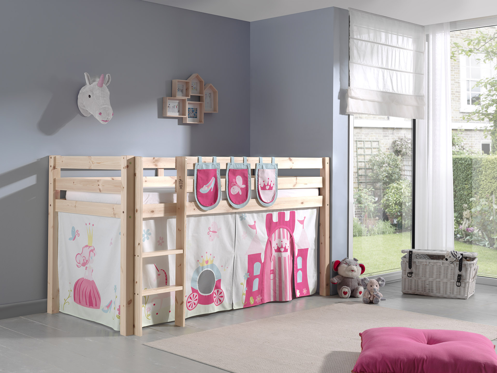 LUCEVI - Pino Halfhoogslaper + Ladder + Princess Gordijntjes + 3 Zakjes - Bruin - 90x200 cm