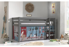 LUCEVI - Pino Halfhoogslaper H115CM + Ladder + Pet Shop Gordijntjes - Grijs - 90x200 cm