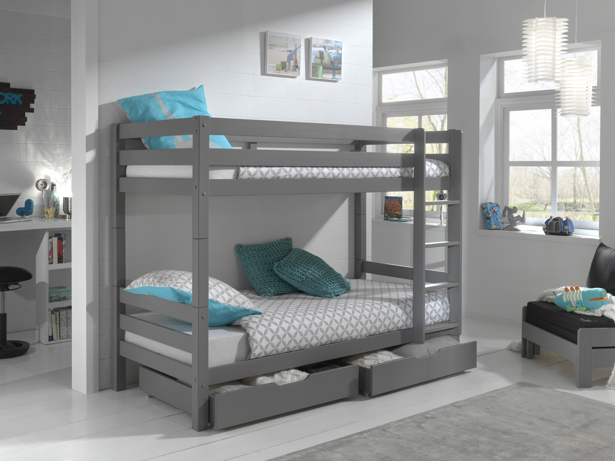 LUCEVI - Pino Stapelbed H160CM + 2 Lades - Grijs - 90x200 cm