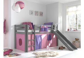 LUCEVI - Pino Halfhoogslaper H115CM + Ladder + Glijbaan + Bella Gordijntjes - Grijs - 90x200 cm