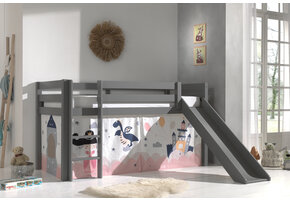 LUCEVI - Pino Halfhoogslaper H115CM + Ladder + Glijbaan + Princess Sophie Gordijntjes - Grijs - 90x200 cm