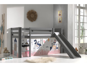 LUCEVI - Pino Halfhoogslaper H115CM + Ladder + Glijbaan + Princess Sophie Gordijntjes - Grijs - 90x200 cm