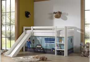 LUCEVI - Pino Halfhoogslaper H115CM + Ladder + Glijbaan + Police Gordijntjes - Wit - 90x200 cm