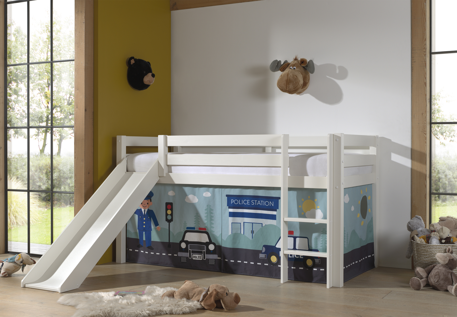 LUCEVI - Pino Halfhoogslaper H115CM + Ladder + Glijbaan + Police Gordijntjes - Wit - 90x200 cm