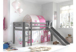 LUCEVI - Pino Halfhoogslaper + Ladder + Glijbaan + Princess Gordijntjes + Princess Tunnel - Grijs - 90x200 cm