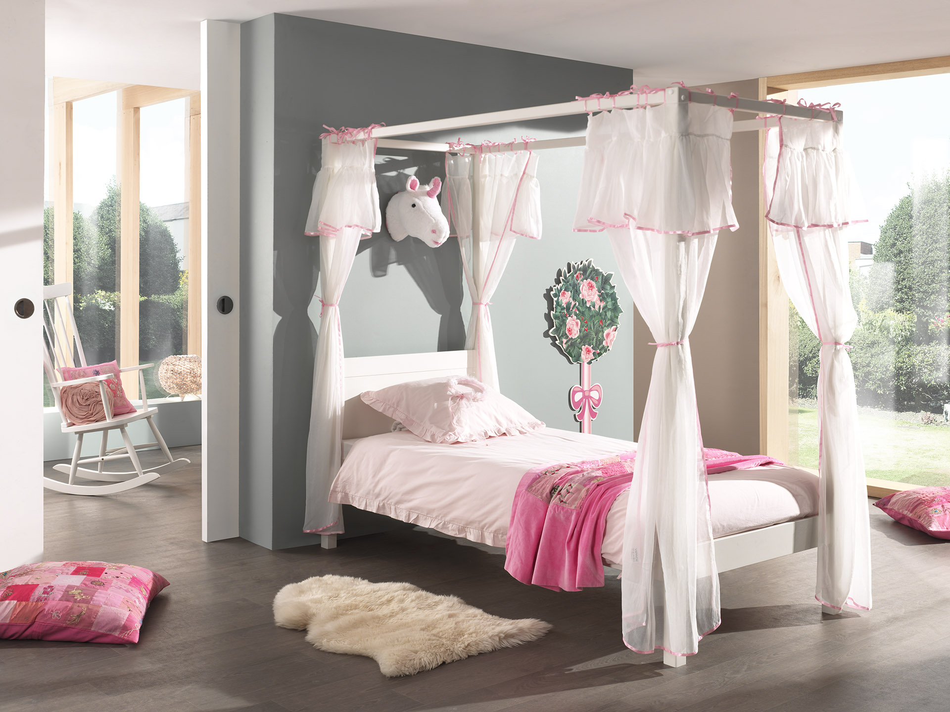 LUCEVI - Pino hemelbed wit + Amori bedlinnen roze - 90x200 cm