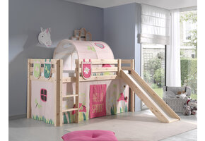 LUCEVI - Pino Halfhoogslaper + Ladder + Glijbaan + Spring Gordijntjes + 3 Zakjes + Spring Tunnel - Bruin - 90x200 cm