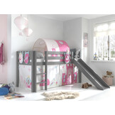 LUCEVI - Pino Halfhoogslaper + Ladder + Glijbaan + Princess Gordijntjes + 3 Zakjes + Princess Tunnel - Grijs - 90x200 cm