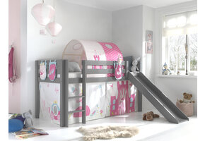 LUCEVI - Pino Halfhoogslaper + Ladder + Glijbaan + Princess Gordijntjes + 3 Zakjes + Princess Tunnel - Grijs - 90x200 cm