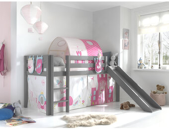 LUCEVI - Pino Halfhoogslaper + Ladder + Glijbaan + Princess Gordijntjes + 3 Zakjes + Princess Tunnel - Grijs - 90x200 cm