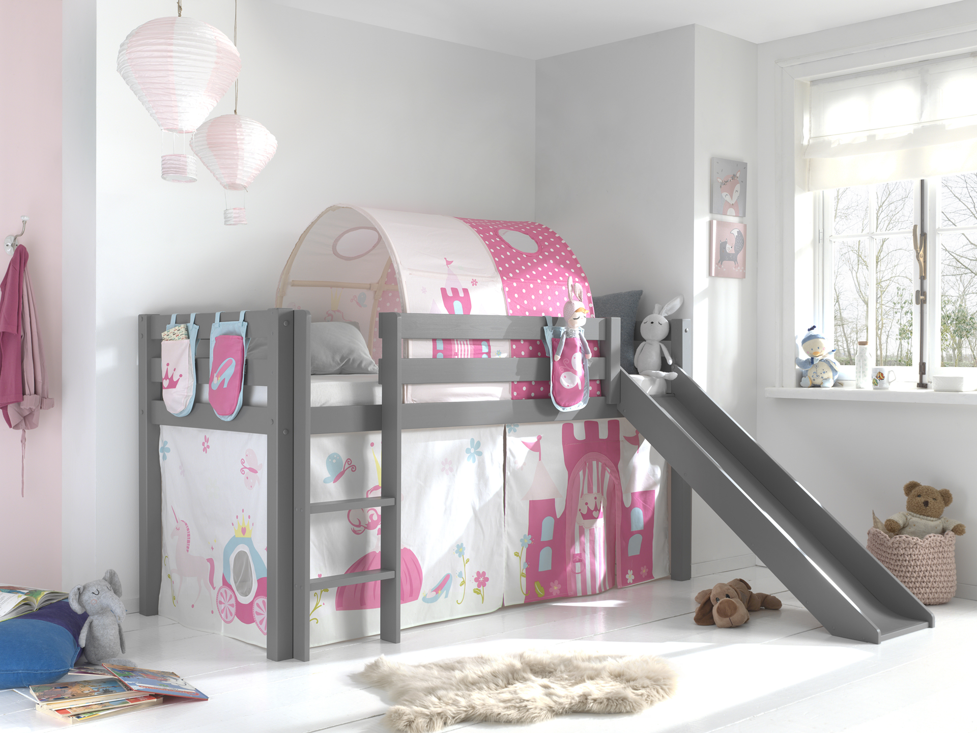 LUCEVI - Pino Halfhoogslaper + Ladder + Glijbaan + Princess Gordijntjes + 3 Zakjes + Princess Tunnel - Grijs - 90x200 cm