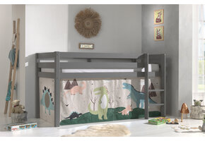 LUCEVI - Pino Halfhoogslaper H115CM + Ladder + Dino Gordijntjes - Grijs - 90x200 cm