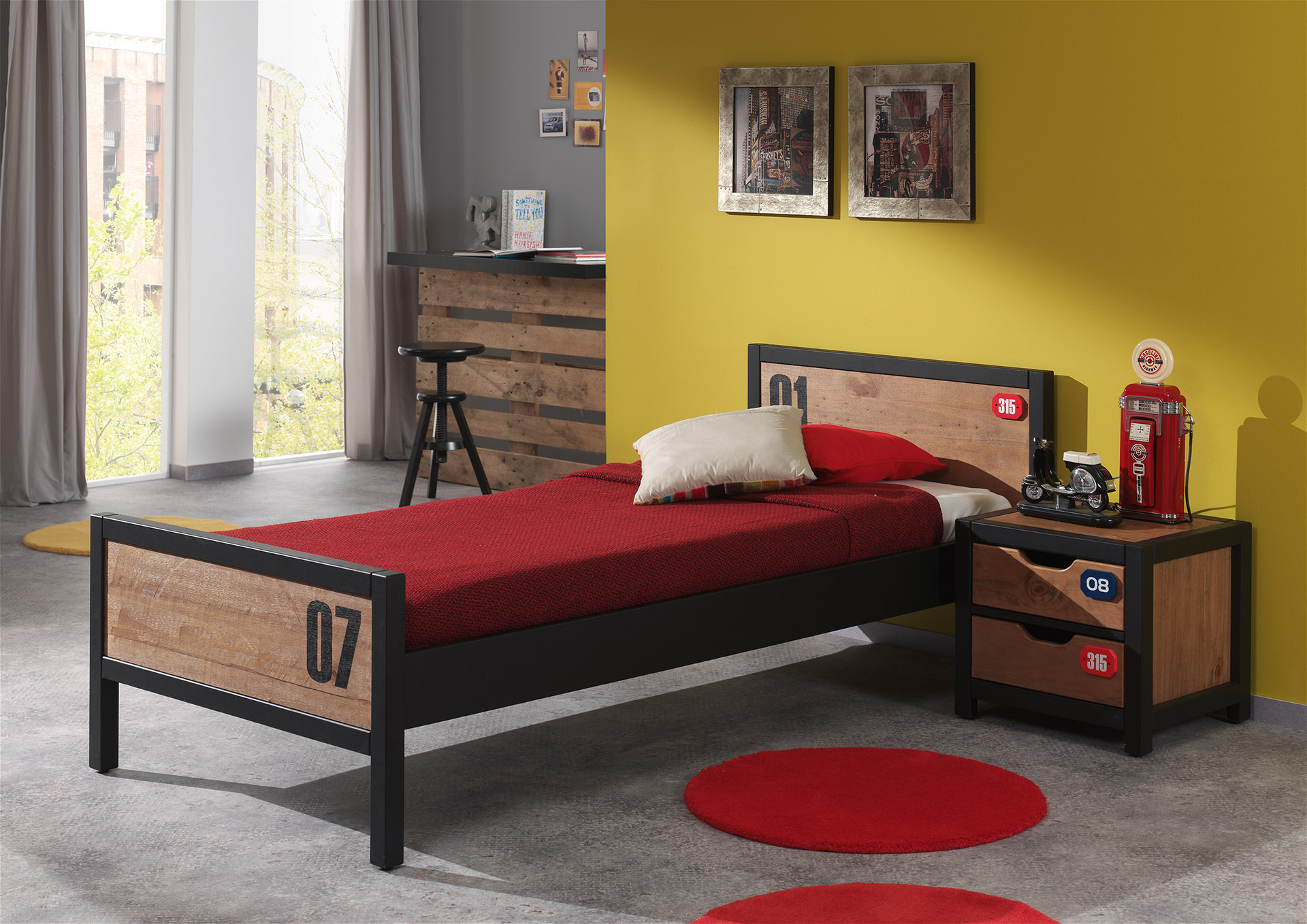LUCEVI - Alex bed + Lattenbodem + Nachtkastje - Bruin - 90x200 cm