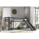 LUCEVI - Pino Halfhoogslaper H115CM + Ladder + Glijbaan + Dino Gordijntjes - Grijs - 90x200 cm