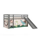 LUCEVI - Pino Halfhoogslaper H115CM + Ladder + Glijbaan + Dino Gordijntjes - Grijs - 90x200 cm