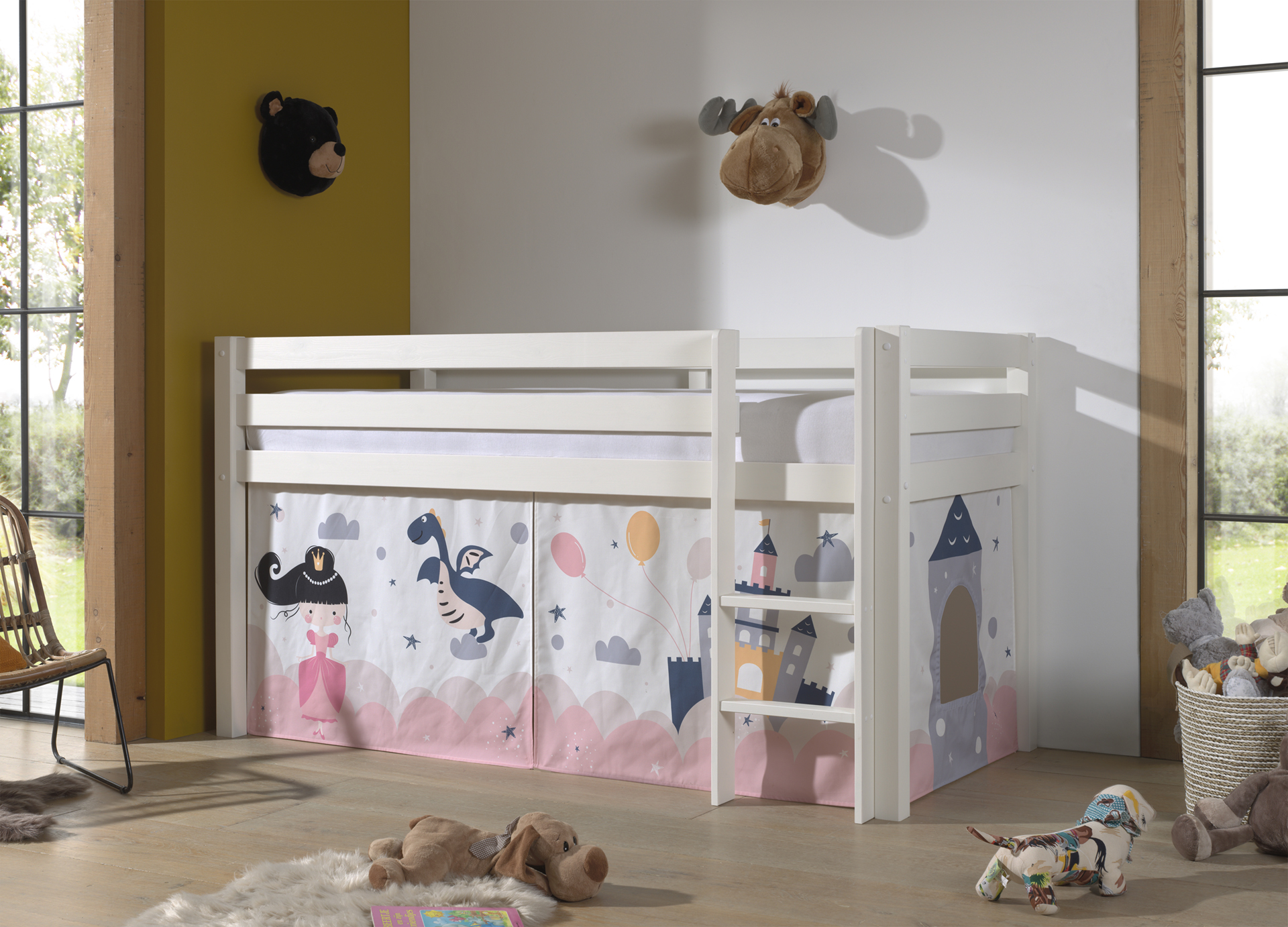 LUCEVI - Pino Halfhoogslaper H115CM + Ladder + Princess Sophie Gordijntjes - Wit - 90x200 cm