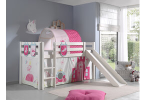 LUCEVI - Pino Halfhoogslaper + Ladder + Glijbaan + Princess Gordijntjes + 3 Zakjes + Princess Tunnel - Wit - 90x200 cm