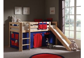 LUCEVI - Pino Halfhoogslaper + Ladder + Glijbaan + Domino Gordijntjes - Bruin - 90x200 cm