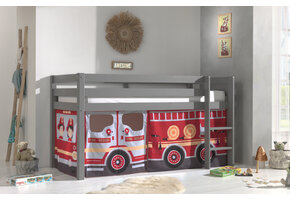 LUCEVI - Pino Halfhoogslaper H115CM + Ladder + Fire Truck Gordijntjes - Grijs - 90x200 cm