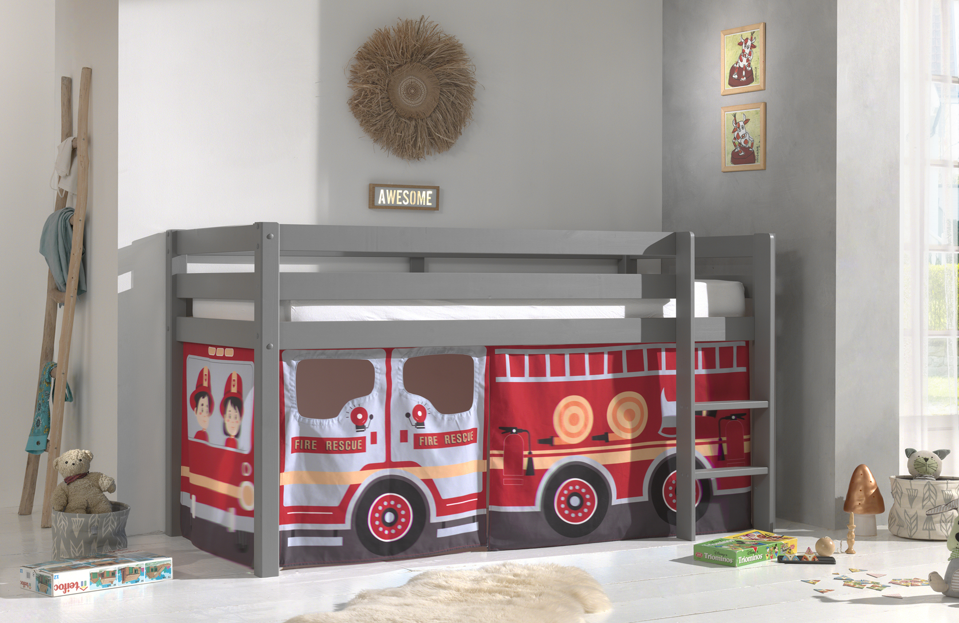 LUCEVI - Pino Halfhoogslaper H115CM + Ladder + Fire Truck Gordijntjes - Grijs - 90x200 cm