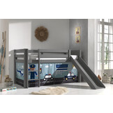 LUCEVI - Pino Halfhoogslaper H115CM + Ladder + Glijbaan + Police Gordijntjes - Grijs - 90x200 cm