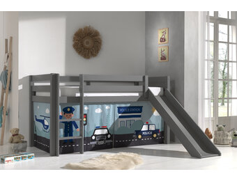 LUCEVI - Pino Halfhoogslaper H115CM + Ladder + Glijbaan + Police Gordijntjes - Grijs - 90x200 cm