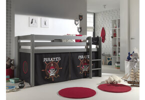 LUCEVI - Pino Halfhoogslaper H115CM + Ladder + Pirates Gordijntjes - Grijs - 90x200 cm
