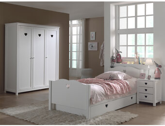 LUCEVI - Amori bed + Lattenbodem + Nachtkastje + 3 Deurs Kleerkast + Rolbed - Wit - 90x200 cm