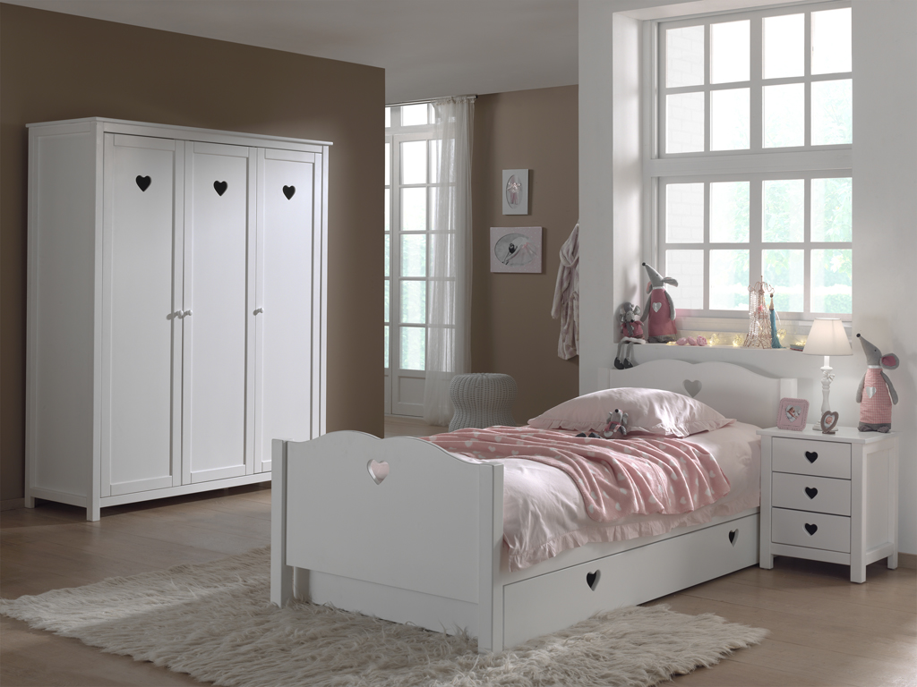 LUCEVI - Amori bed + Lattenbodem + Nachtkastje + 3 Deurs Kleerkast + Rolbed - Wit - 90x200 cm