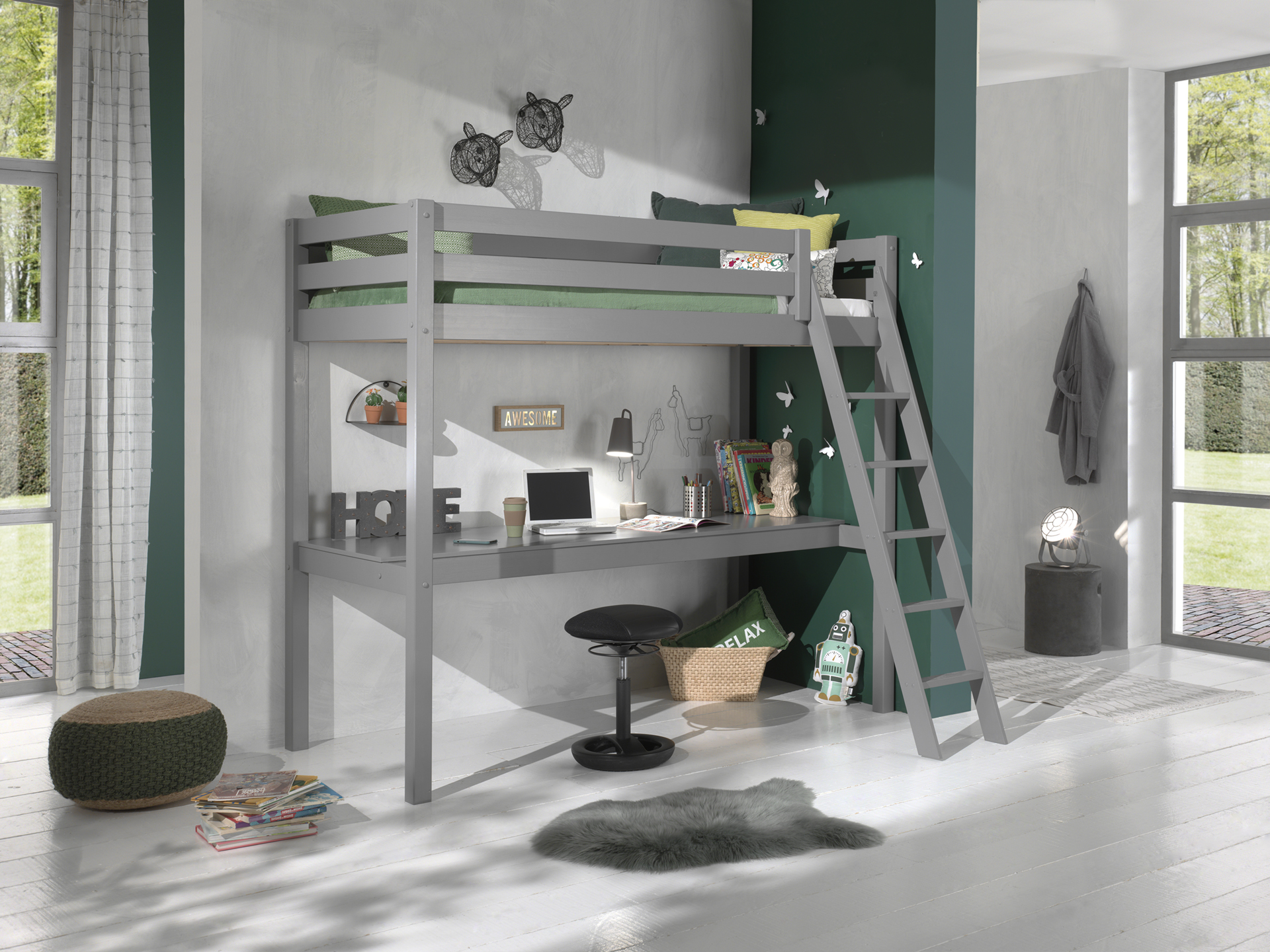 LUCEVI - Pino Mezzanine bed + Ladder + Bureau - Grijs - 90x200 cm