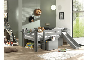 LUCEVI - Pino Halfhoogslaper H85CM + Glijbaan + Ladder + Set van 2 Laden + Hangplank - Grijs - 90x200 cm