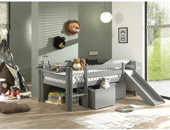 LUCEVI - Pino Halfhoogslaper H85CM + Glijbaan + Ladder + Set van 2 Laden + Hangplank - Grijs - 90x200 cm