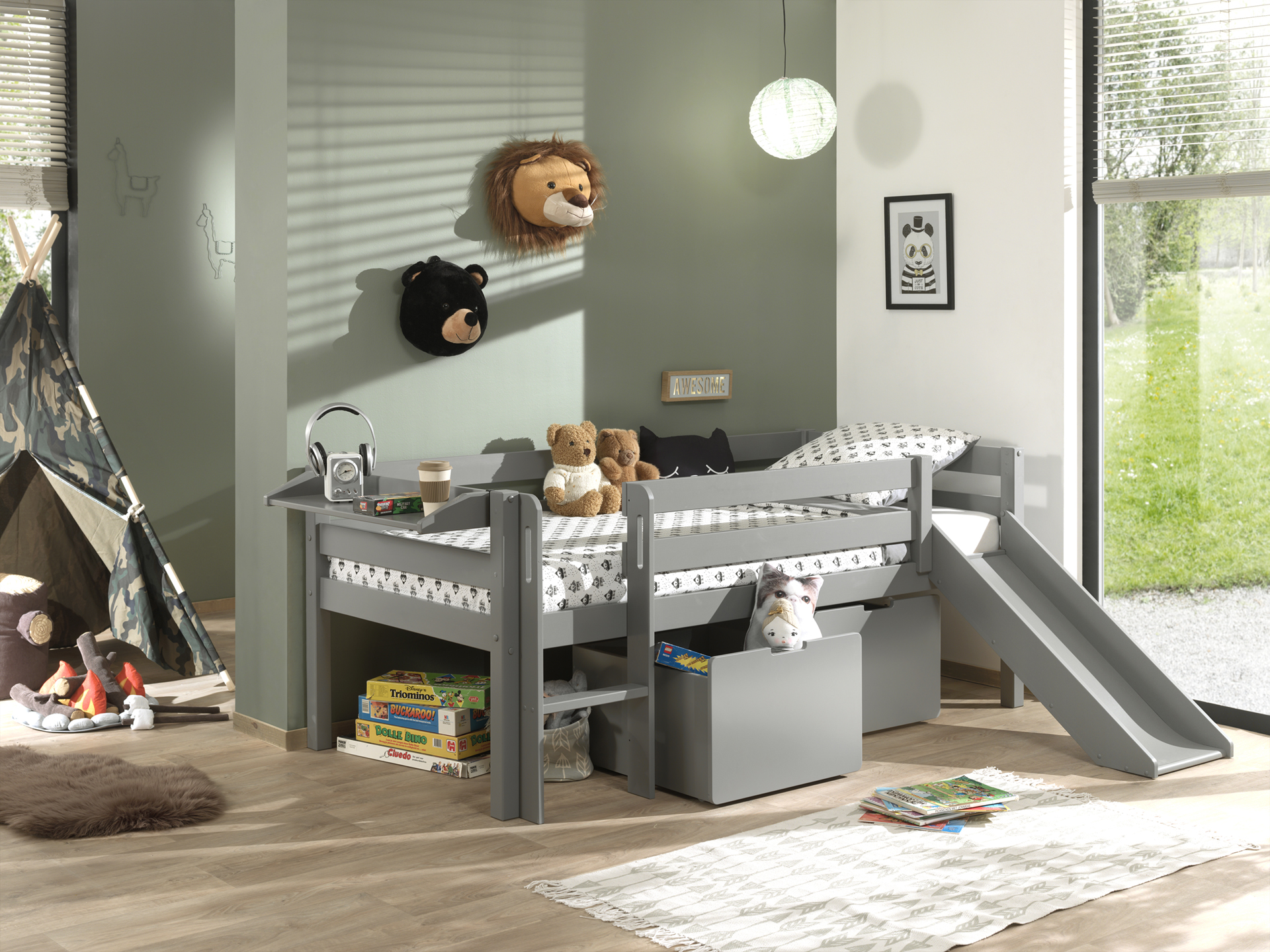 LUCEVI - Pino Halfhoogslaper H85CM + Glijbaan + Ladder + Set van 2 Laden + Hangplank - Grijs - 90x200 cm