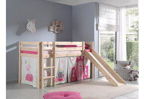 LUCEVI - Pino Halfhoogslaper + Ladder + Glijbaan + Princess Gordijntjes - Bruin - 90x200 cm