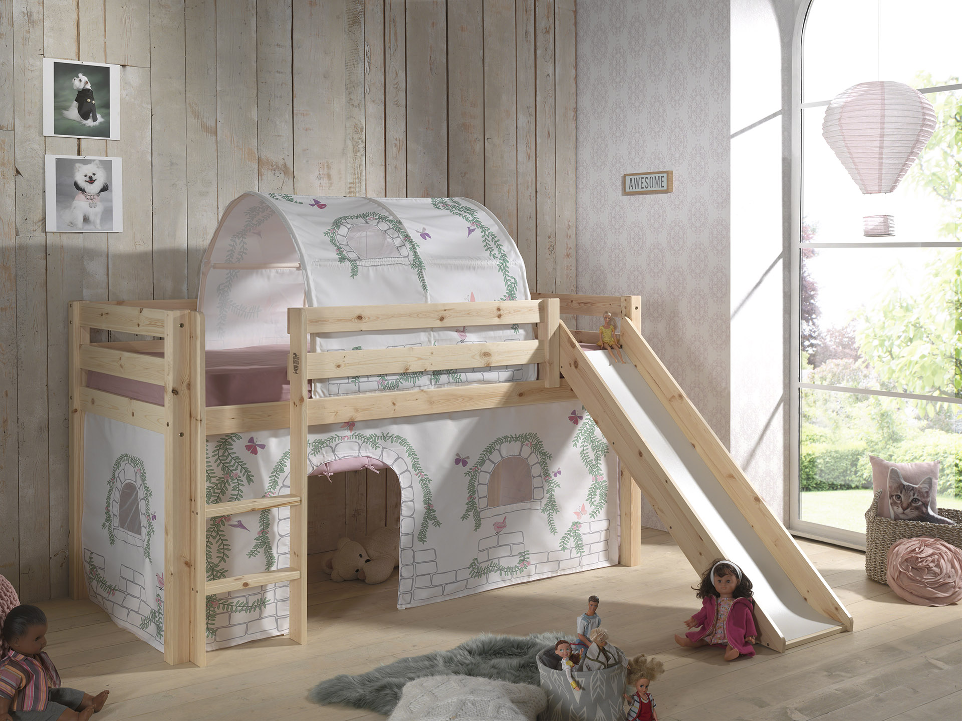 LUCEVI - Pino Halfhoogslaper + Ladder + Glijbaan + Birdy Gordijntjes + Birdy Tunnel - Bruin - 90x200 cm