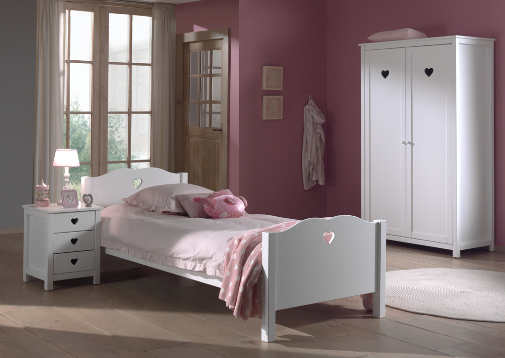 LUCEVI - Amori bed + Nachtkastje + 2 Deurs Kleerkast - Wit - 90x200 cm
