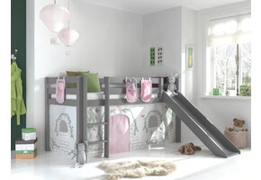 LUCEVI - Pino Halfhoogslaper + Ladder + Glijbaan + Birdy Gordijntjes + 3 Zakjes - Grijs - 90x200 cm