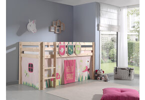 LUCEVI - Pino Halfhoogslaper + Ladder + Spring Gordijntjes + 3 Zakjes - Bruin - 90x200 cm