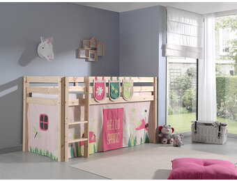 LUCEVI - Pino Halfhoogslaper + Ladder + Spring Gordijntjes + 3 Zakjes - Bruin - 90x200 cm