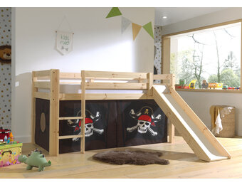 LUCEVI - Pino Halfhoogslaper H115CM + Ladder + Glijbaan + Caribian Pirates Gordijntjes - Bruin - 90x200 cm