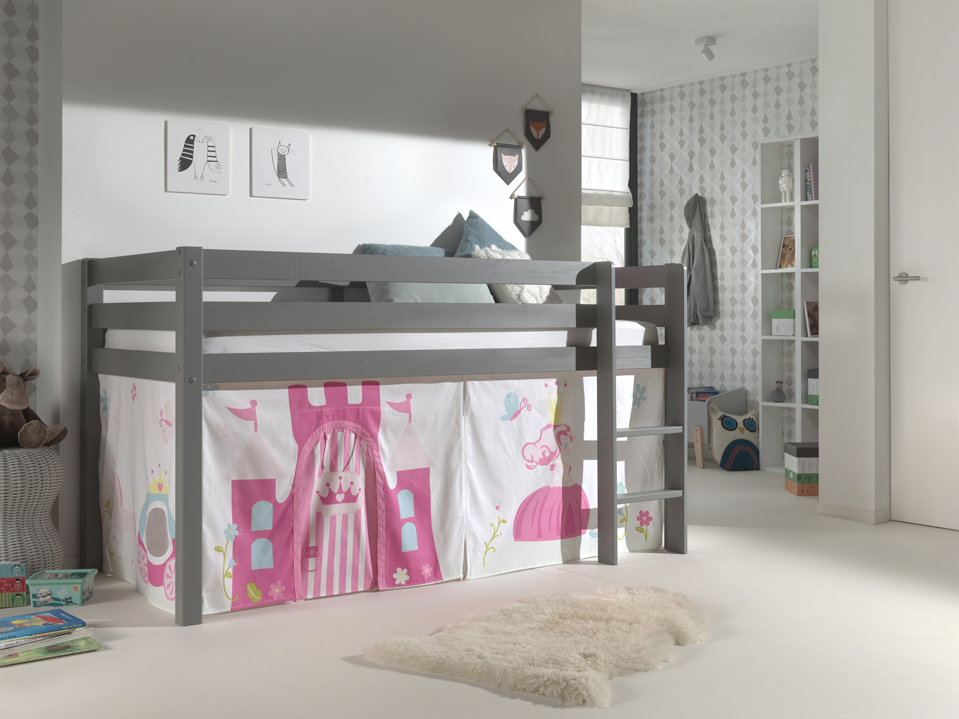 LUCEVI - Pino Halfhoogslaper H115CM + Ladder + Princess Gordijntjes - Grijs - 90x200 cm