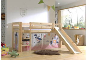 LUCEVI - Pino Halfhoogslaper H115CM + Ladder + Glijbaan + Princess Sophie Gordijntjes - Bruin - 90x200 cm