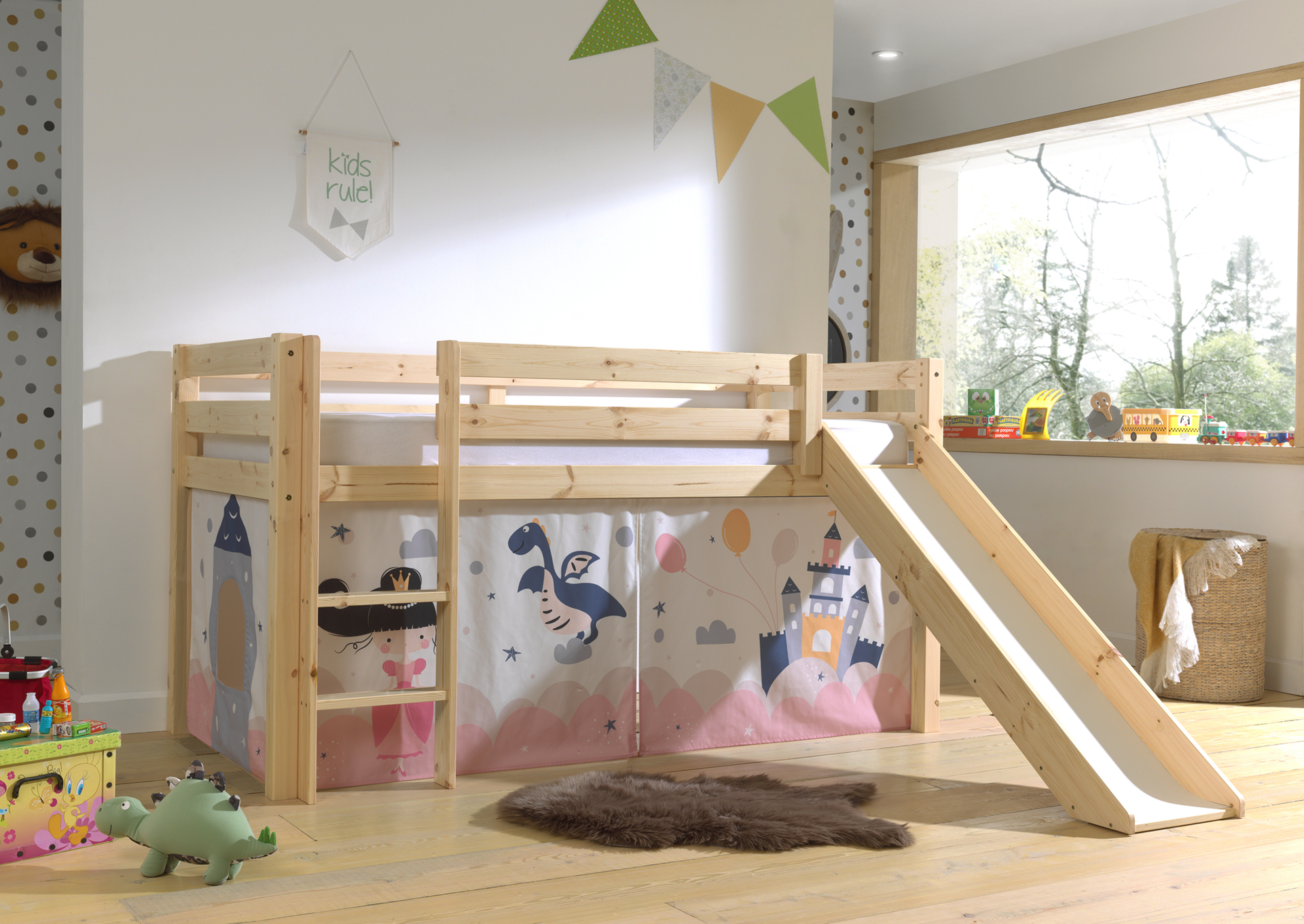 LUCEVI - Pino Halfhoogslaper H115CM + Ladder + Glijbaan + Princess Sophie Gordijntjes - Bruin - 90x200 cm