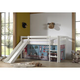 LUCEVI - Pino Halfhoogslaper H115CM + Ladder + Glijbaan + Pet Shop Gordijntjes - Wit - 90x200 cm