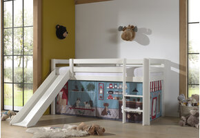 LUCEVI - Pino Halfhoogslaper H115CM + Ladder + Glijbaan + Pet Shop Gordijntjes - Wit - 90x200 cm