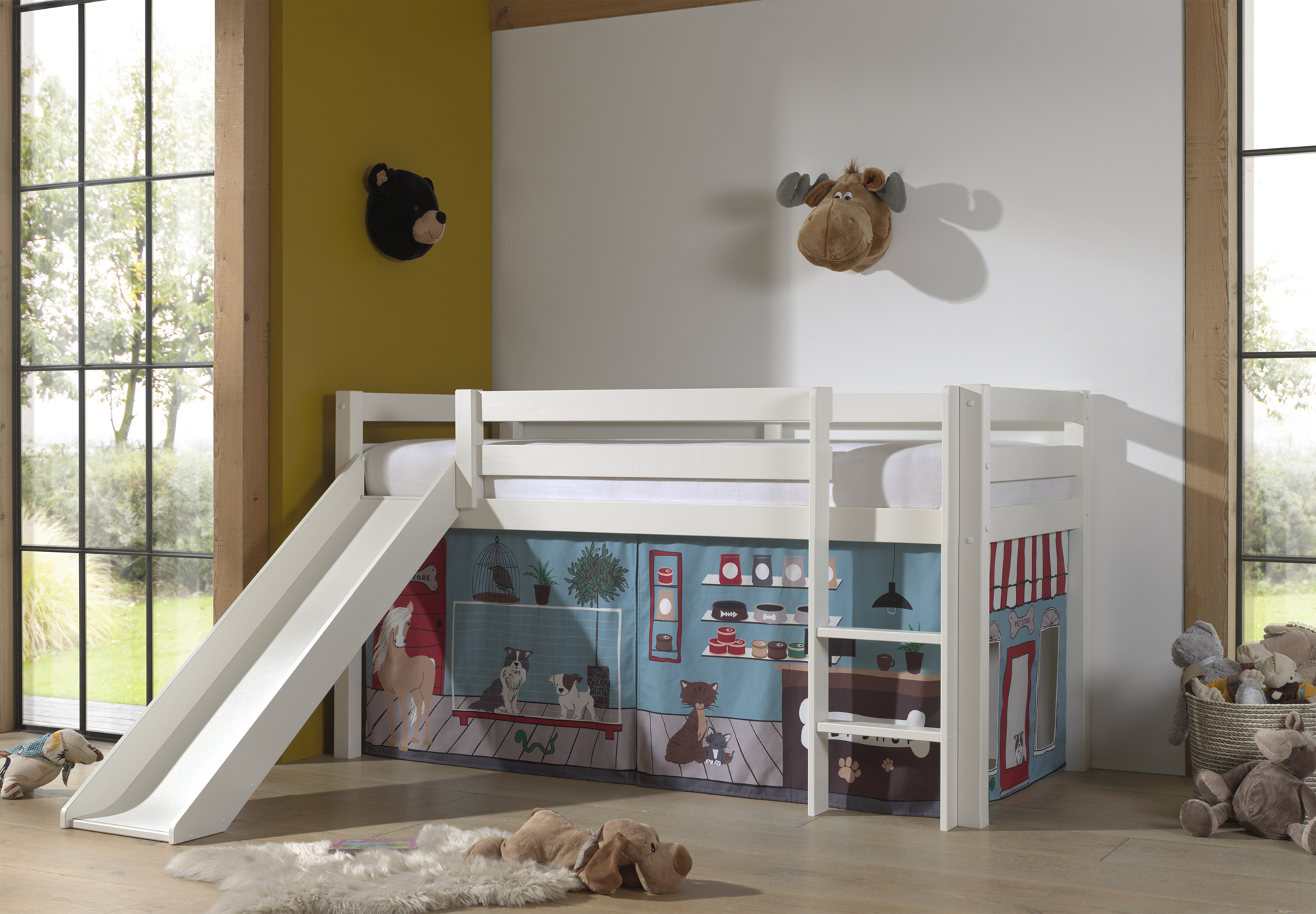 LUCEVI - Pino Halfhoogslaper H115CM + Ladder + Glijbaan + Pet Shop Gordijntjes - Wit - 90x200 cm