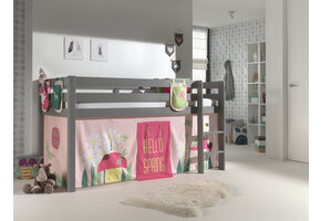 LUCEVI - Pino Halfhoogslaper H115CM + Ladder + Spring Gordijntjes + 3 Zakjes - Grijs - 90x200 cm