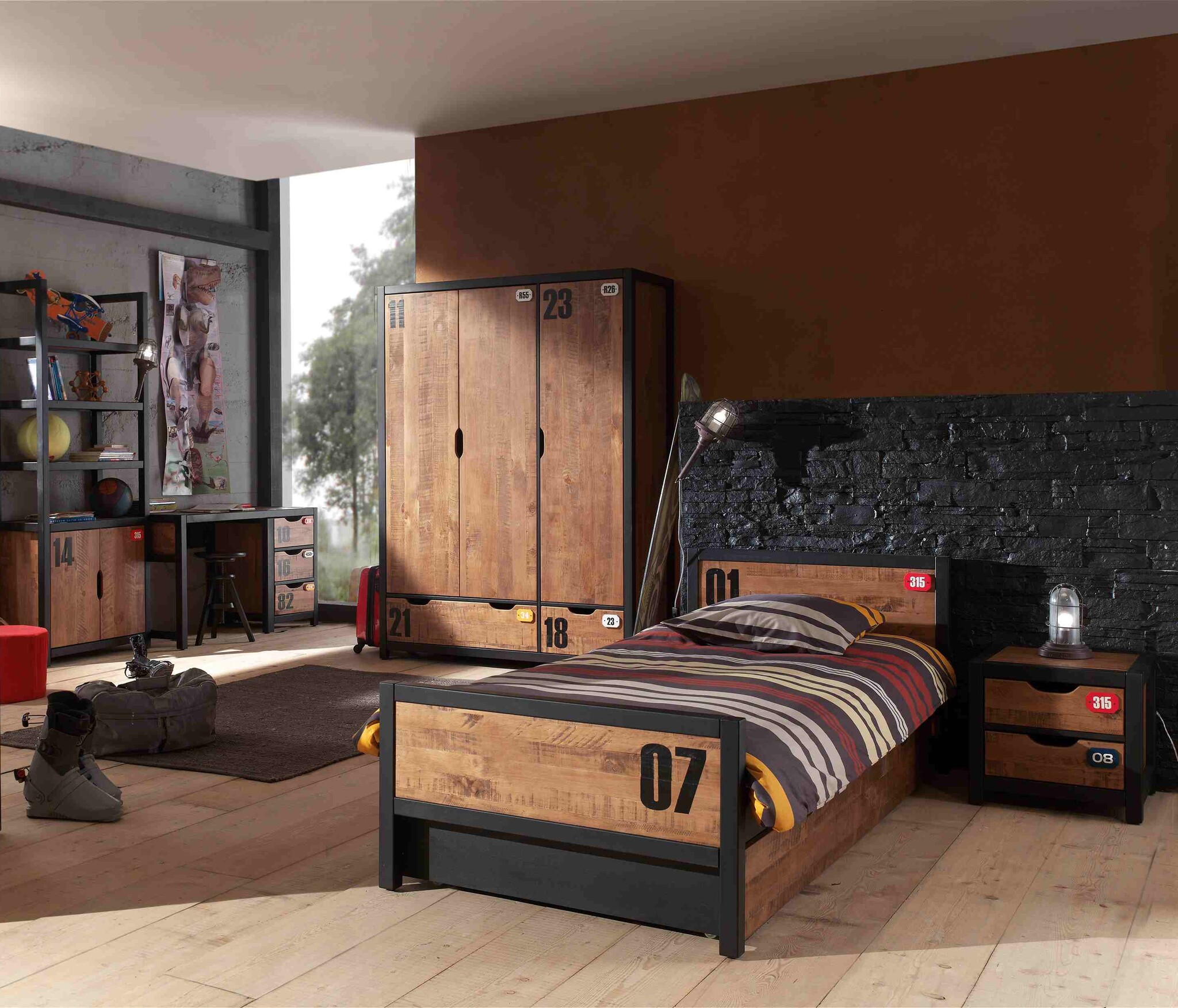 LUCEVI - Alex bed + Nachtkastje + Rolbed + Bureau + 3 Deurs Kleerkast + Boekenkast - Bruin - 90x200 cm