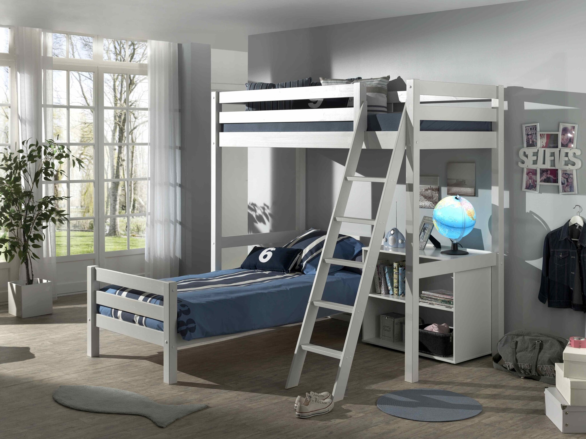 LUCEVI - Pino Mezzanine bed + Ladder + Boekenkast + Bed - Wit - 90x200 cm