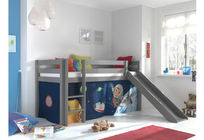 LUCEVI - Pino Halfhoogslaper H115CM + Ladder + Glijbaan + Space Gordijntjes - Grijs - 90x200 cm